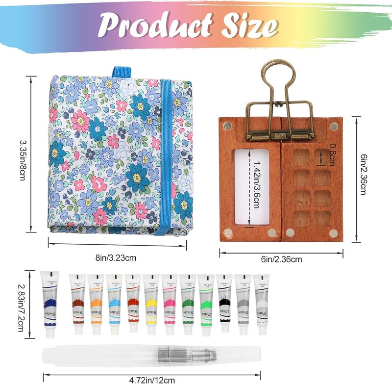 BLSFXROE Travel Watercolor Set，Mini Paint Palette Travel kit，Mini Water Color Paint Set，Wooden 8 Grid Paint Box,12 Colors Small Watercolor Sketchbook for Artists Painters Students (12-Blue) - Image 2